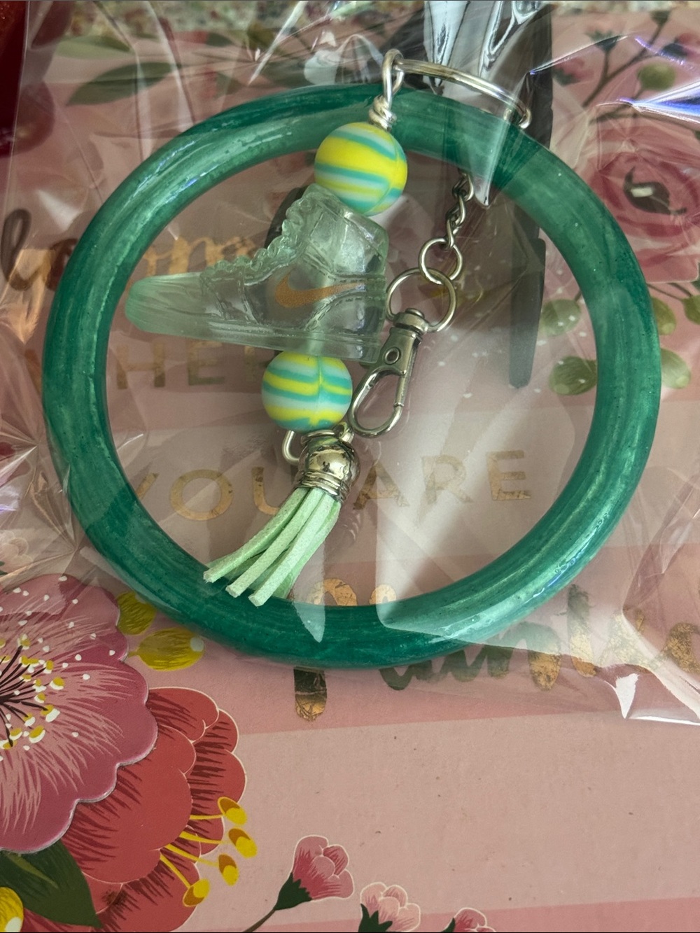 Teal Bangle Bracelet Keychain with Tassel and Bead Charm